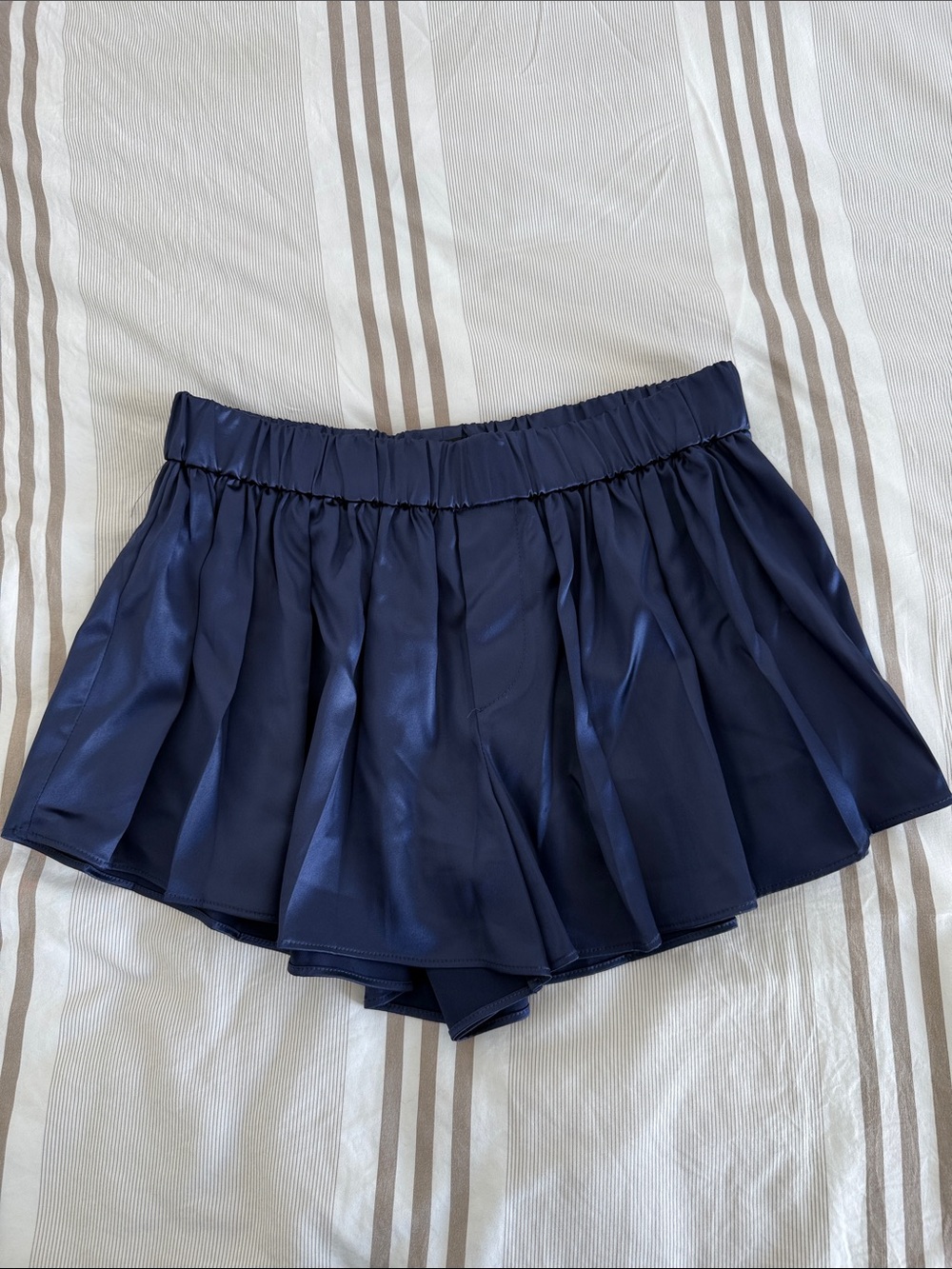 Silky Satin-Look Flowy Pleated Navy Shorts